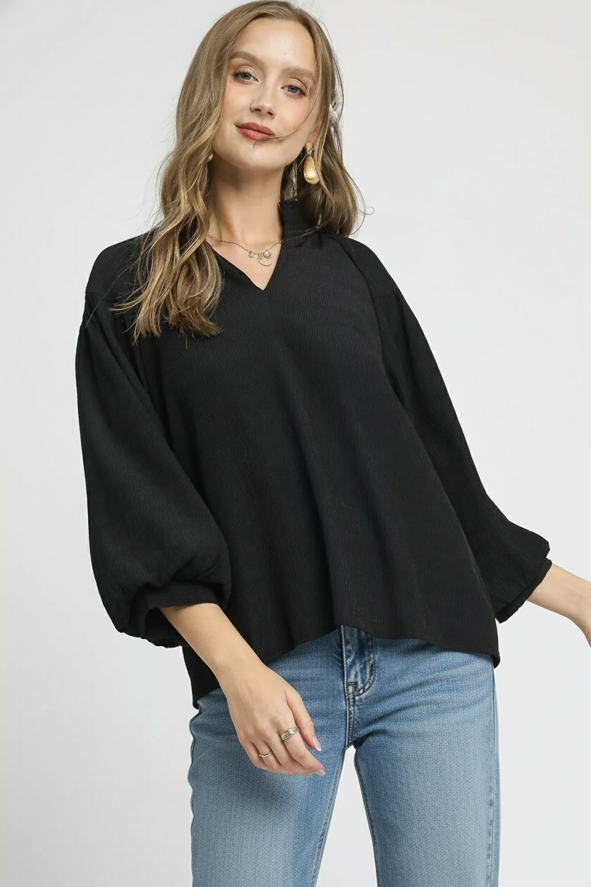 Textured V-Neck Balloon Blouse