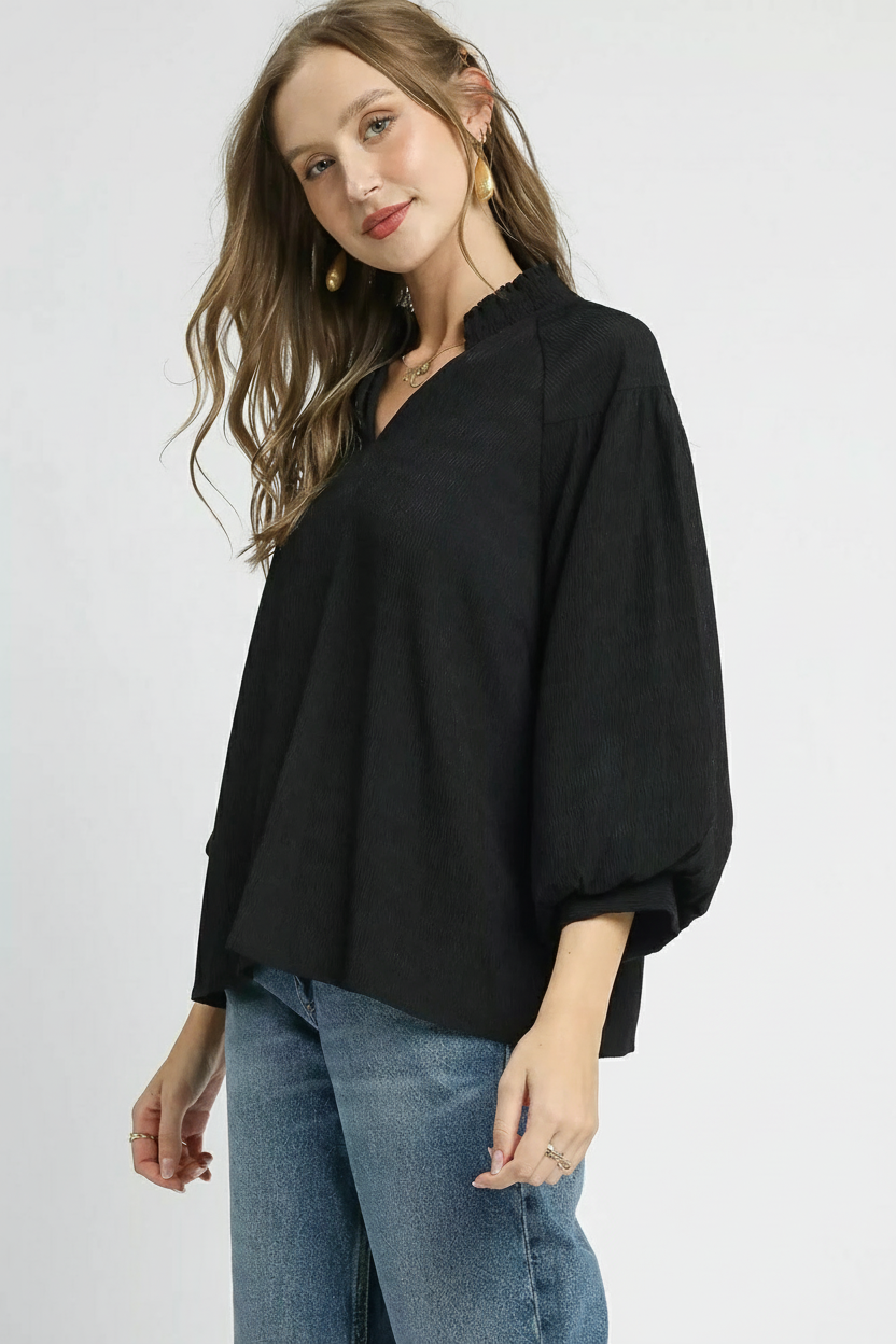 Textured V-Neck Balloon Blouse