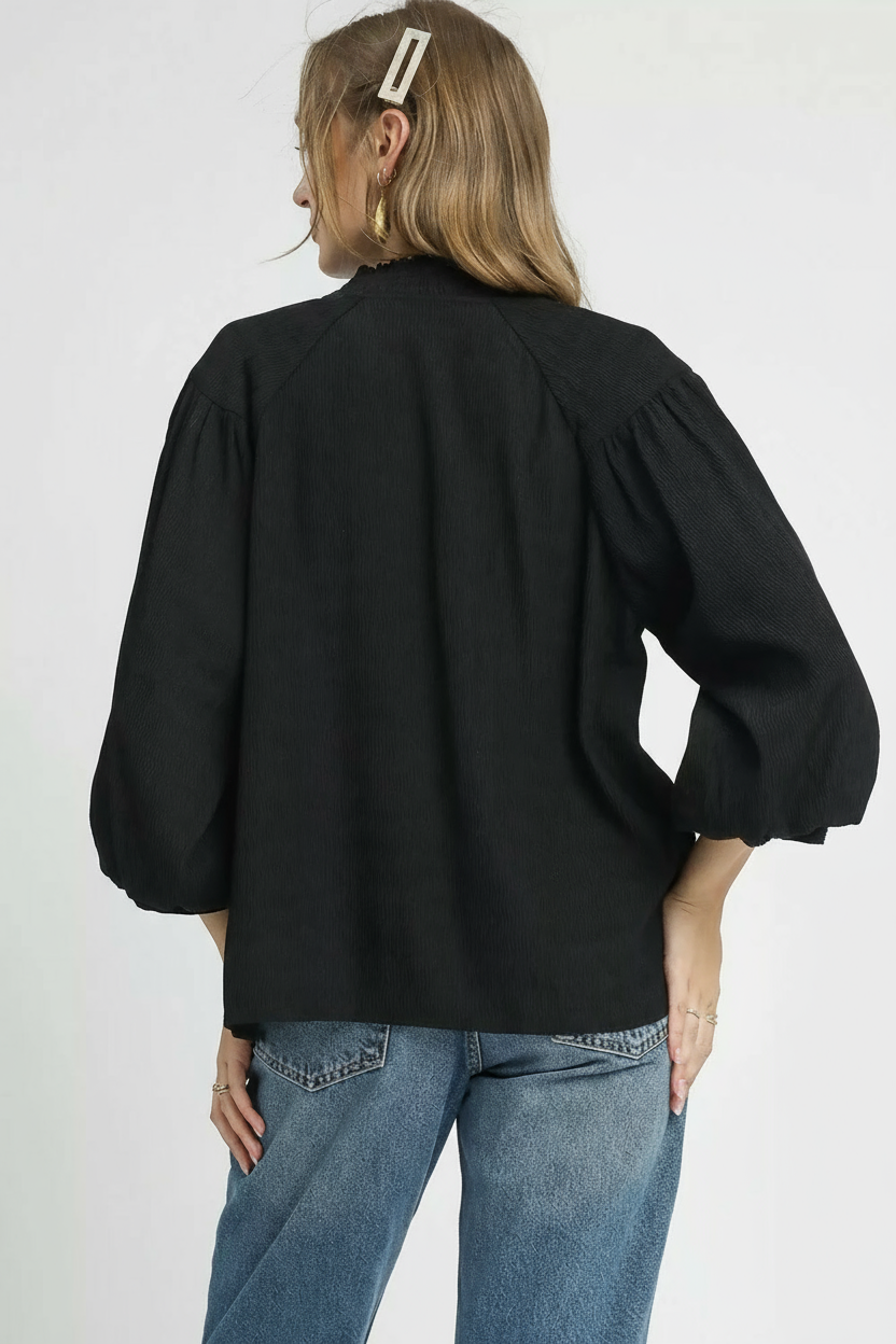 Textured V-Neck Balloon Blouse