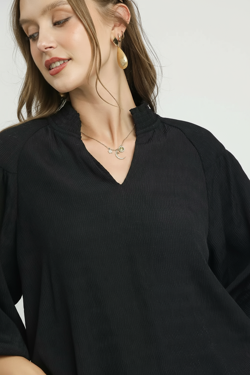 Textured V-Neck Balloon Blouse