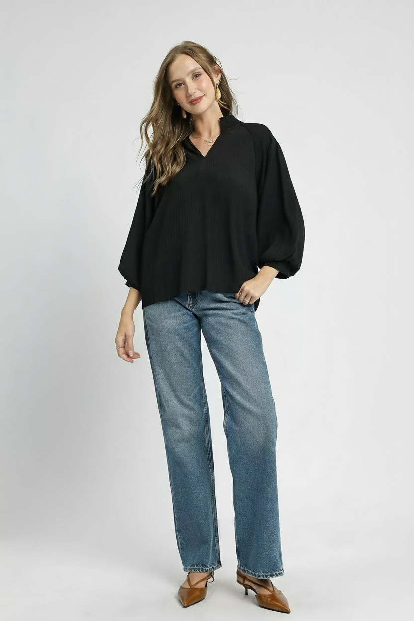 Textured V-Neck Balloon Blouse